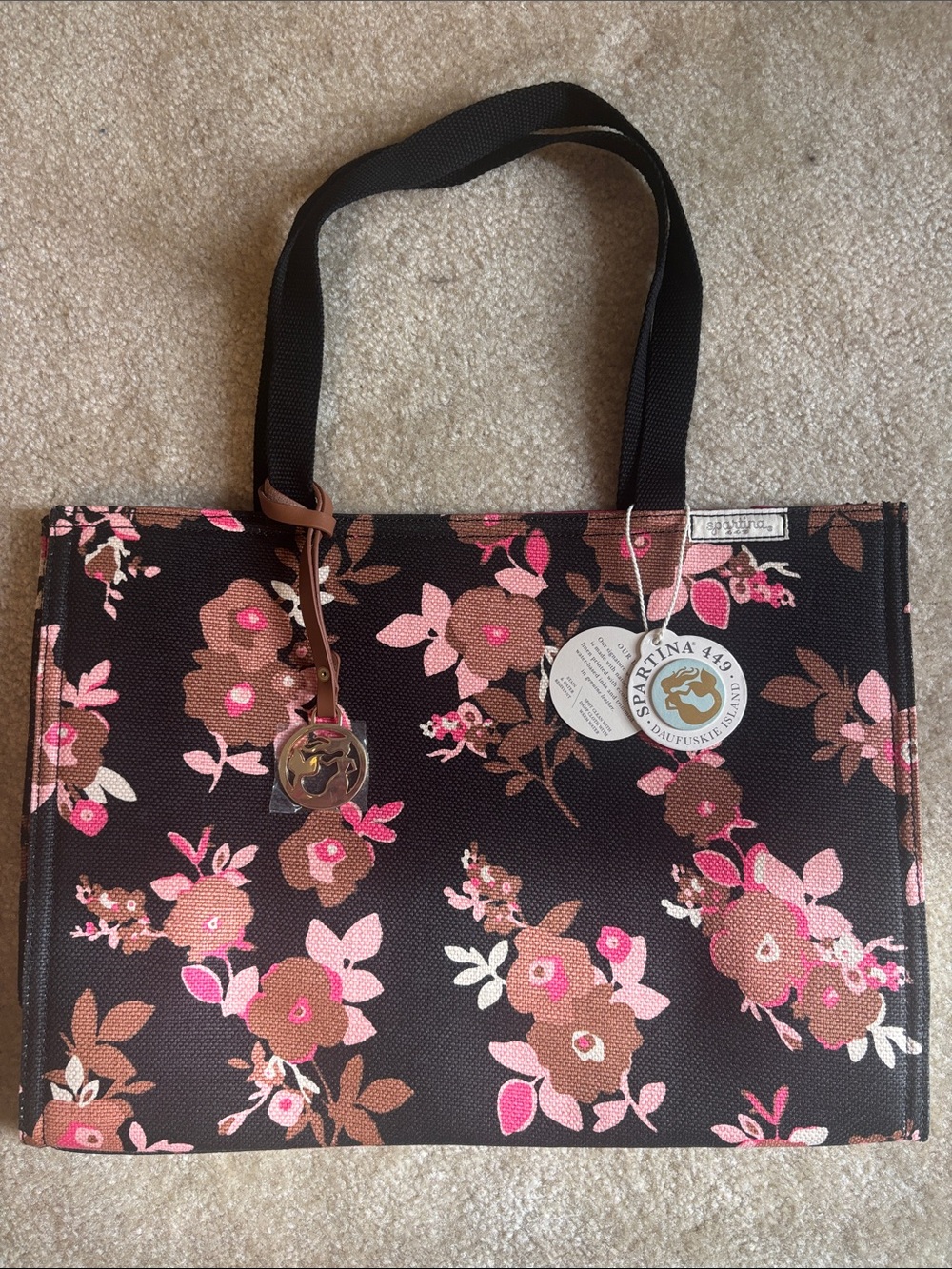 Spartina 449 Black, Pink, & Brown Floral Tote Bag